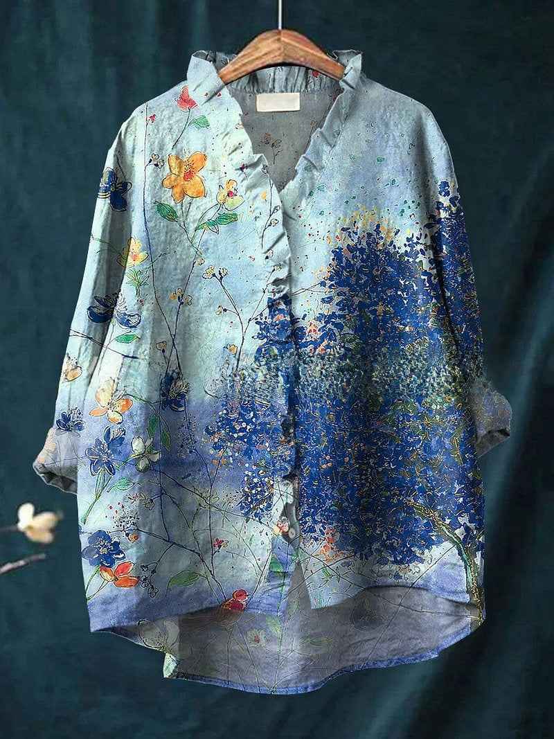 Camille Women’s Blue Watercolour Floral Print Ruffle V-Neck Oversized Blouse