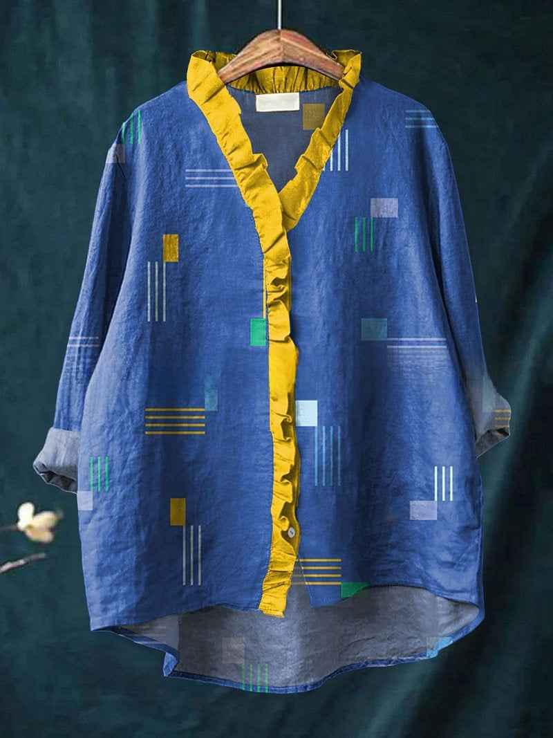 Zafira | Women’s Blue Geometric Print Ruffle V-Neck Oversized Blouse