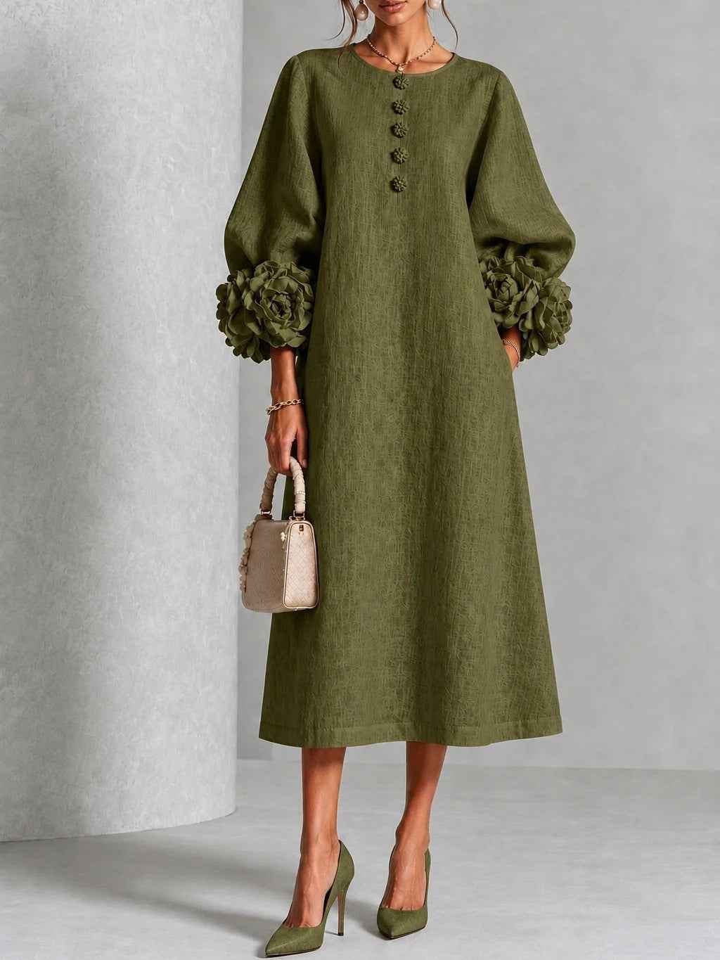 Women’s 3D Floral Linen Blend Midi Dress – French Style Lantern Sleeves