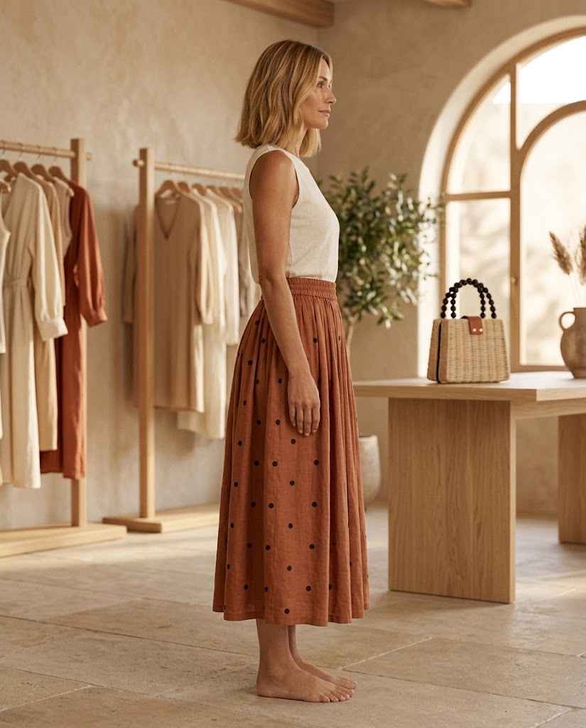 Women?s Cotton-Linen Floral A-Line Midi Skirt ? Elastic Waist