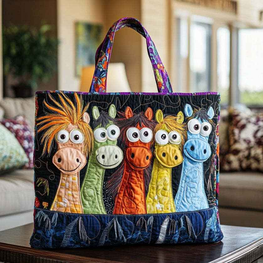WhimsyWeave | Colorful Quirky Horse Quilted Tote Bag - Whimsical Applique Handbag