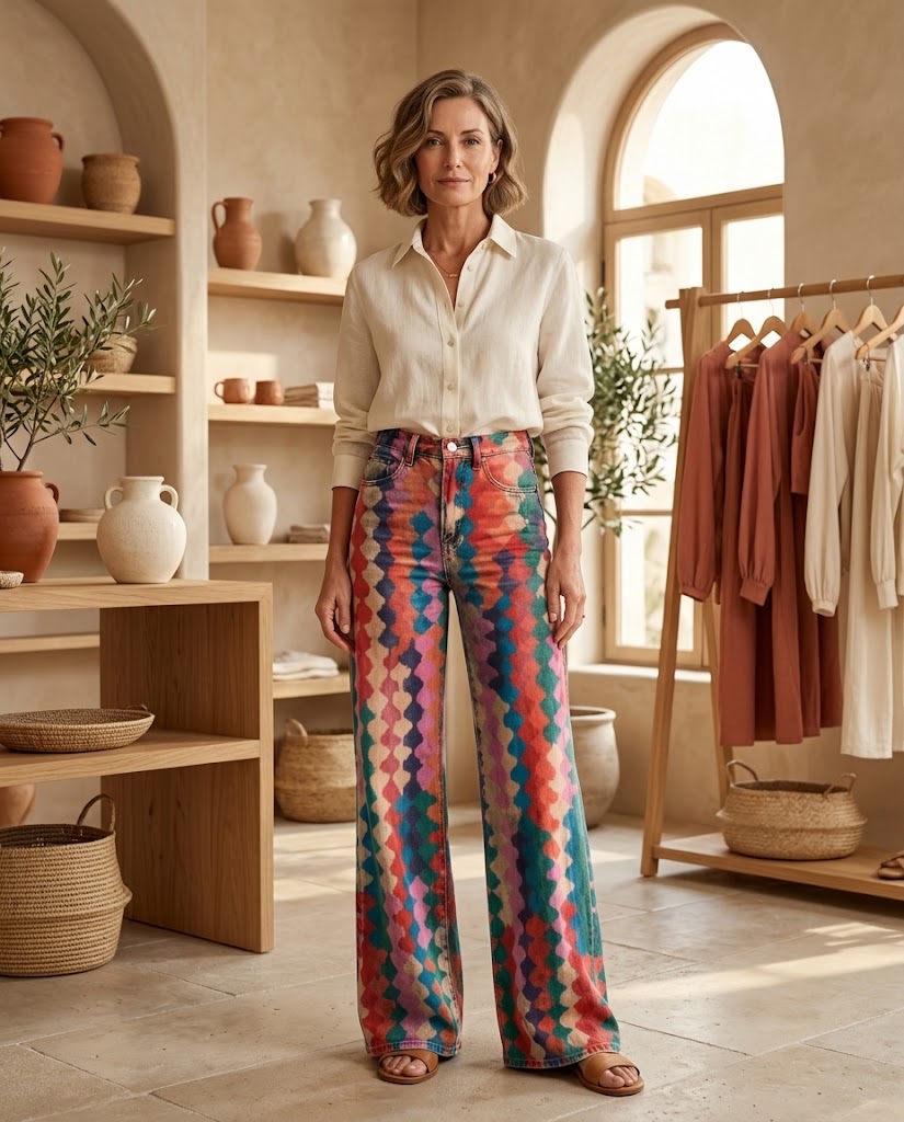 PrismThread | Colorful Geometric Wide Leg Jeans - 70s Retro Festival Denim Threadded