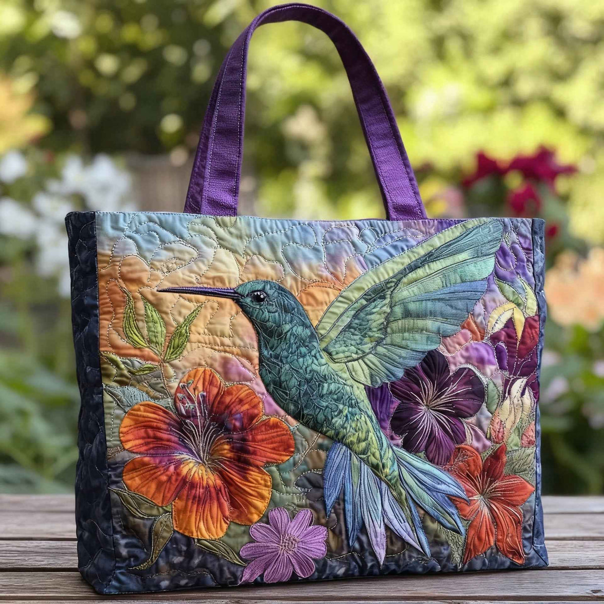FloraFlight | Embroidered Hummingbird Quilted Tote Bag - Tropical Floral Handbag