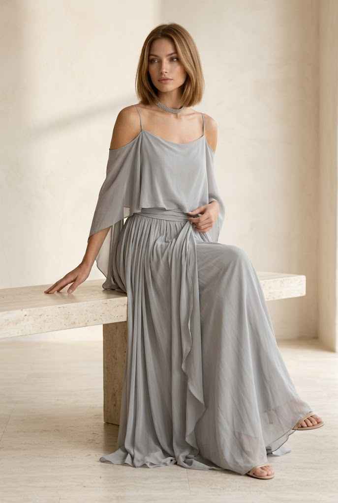 Marisol | Layered Drape Cold Shoulder Top Wide Leg Set