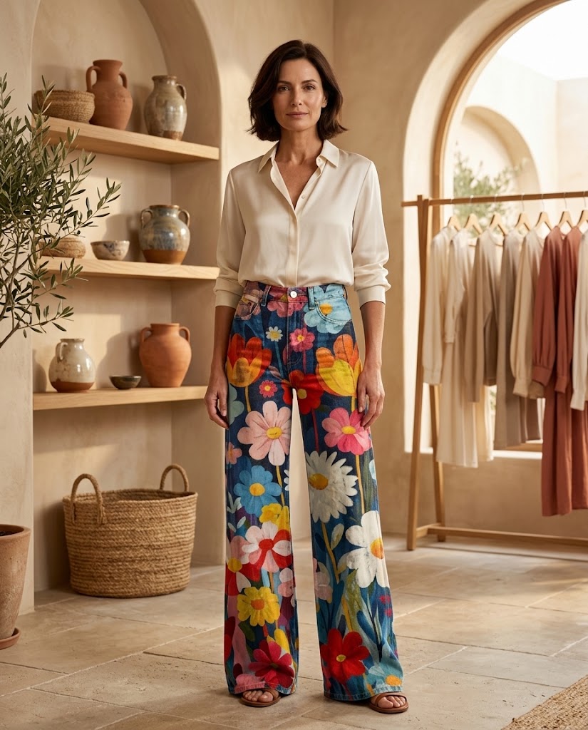 GrooveBloom | 70s Bold Floral Print Wide Leg Jeans - Colorful Retro Festival Denim Threadded