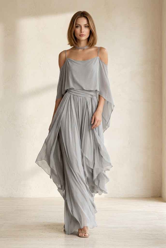 Marisol | Layered Drape Cold Shoulder Top Wide Leg Set