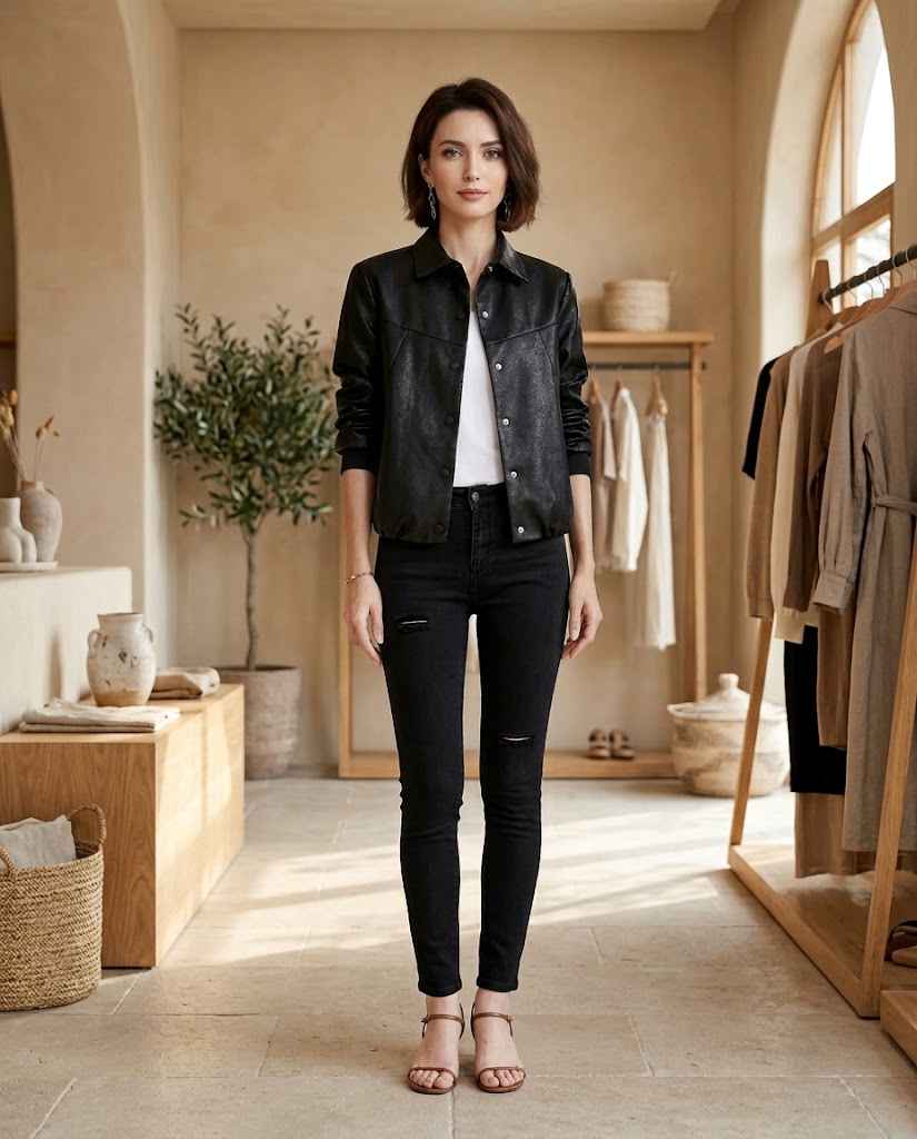 Faux Leather Biker Jacket with Zip Details for Women
