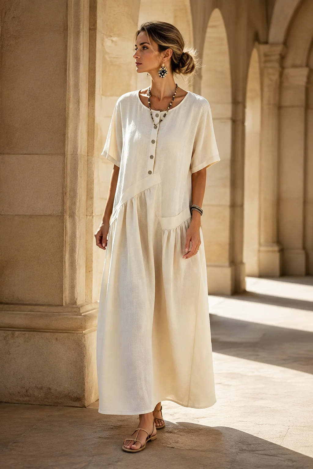 Womens Cotton Linen Maxi Dress with Button Front | Elegant Summer Dress - Threadded