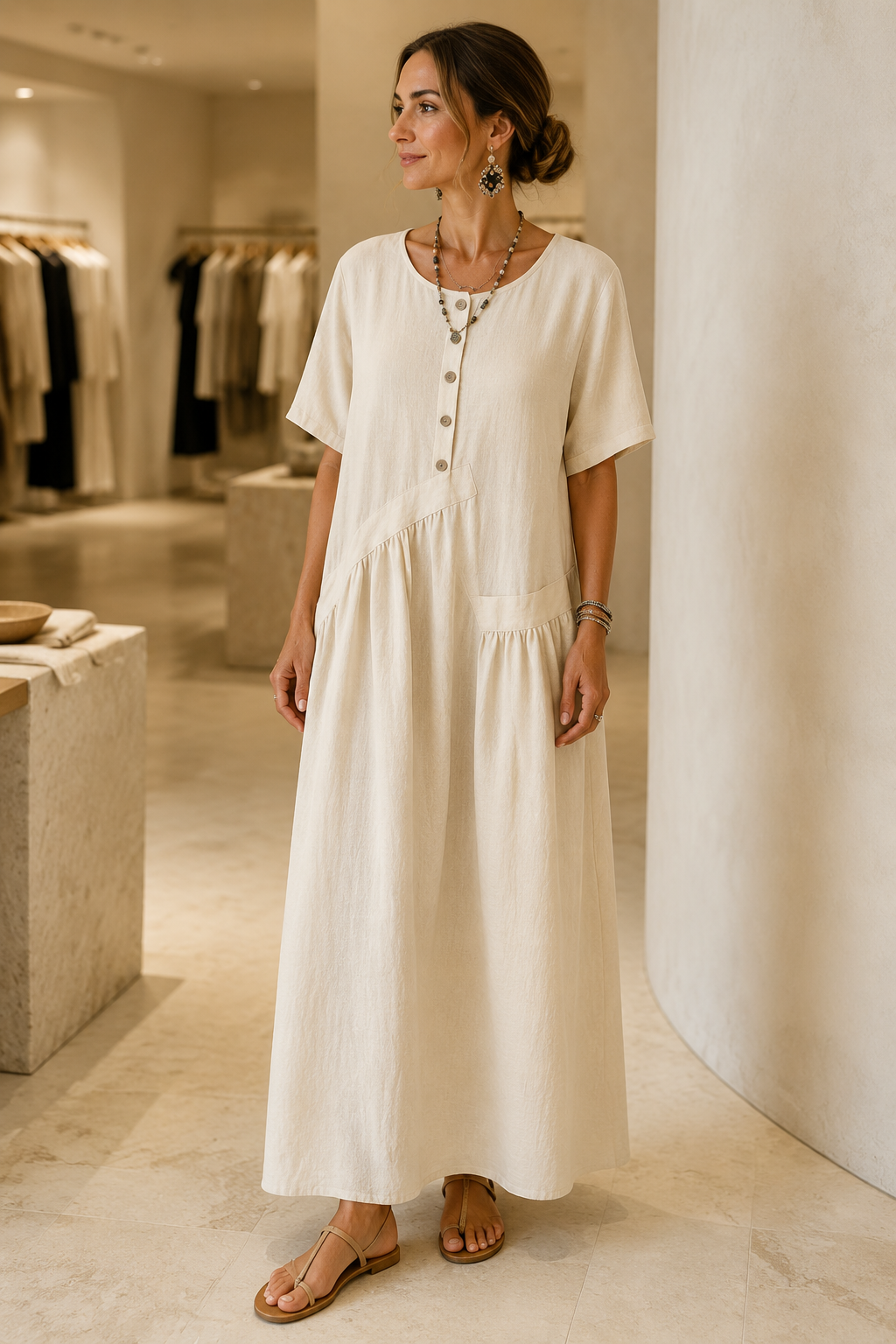 Womens Cotton Linen Maxi Dress with Button Front | Elegant Summer Dress - Threadded
