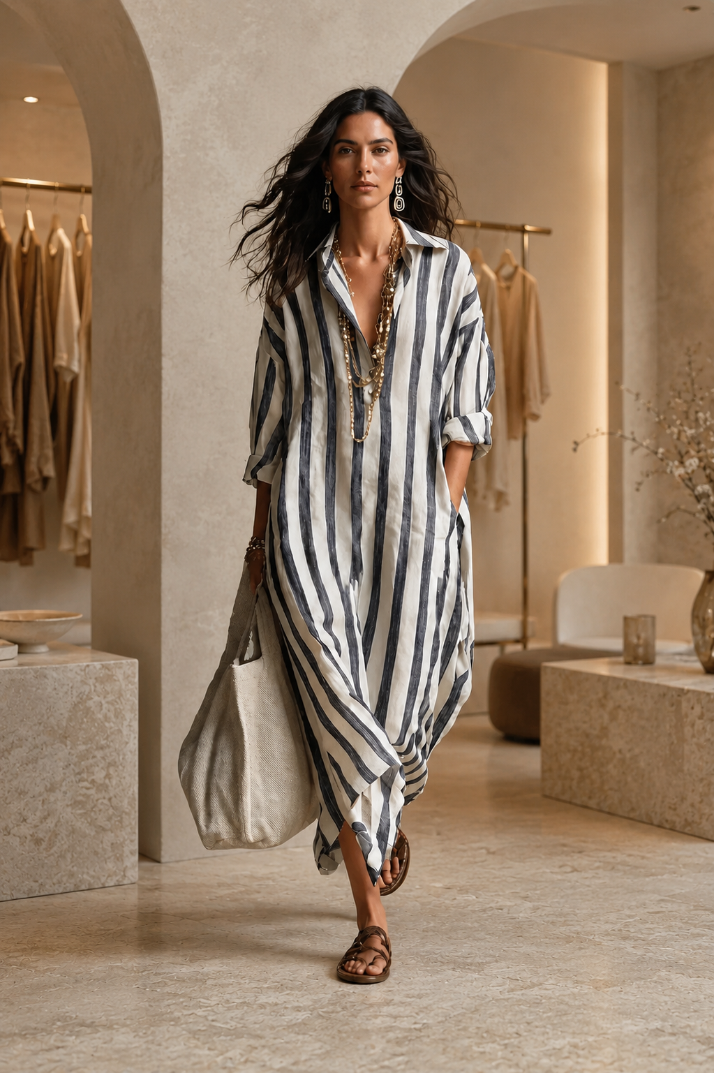 Naomi | Long Sleeve Striped Midi Shirt Dress - Threadded