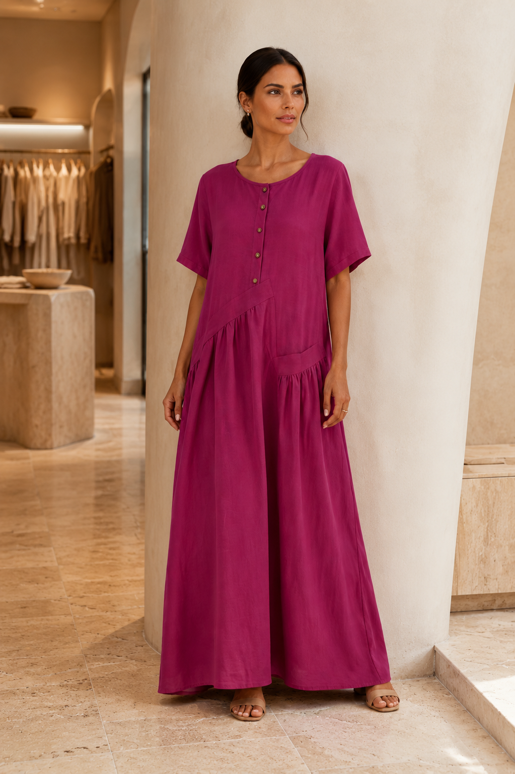 Womens Cotton Linen Maxi Dress with Button Front | Elegant Summer Dress - Threadded