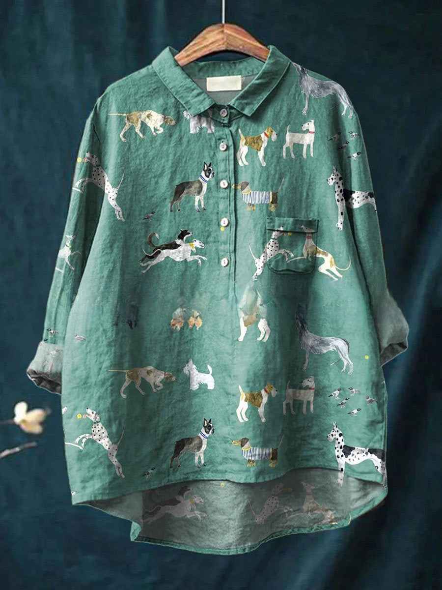 Marlow | Women’s Sage Green Dog Print Oversized Longline Blouse