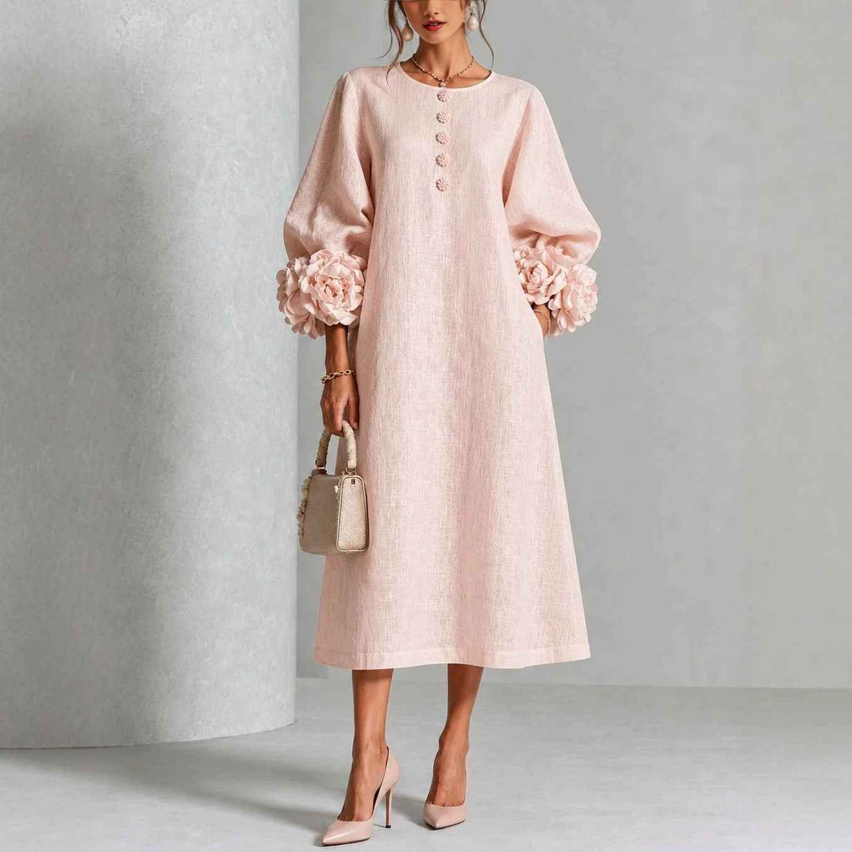 Women’s 3D Floral Linen Blend Midi Dress – French Style Lantern Sleeves