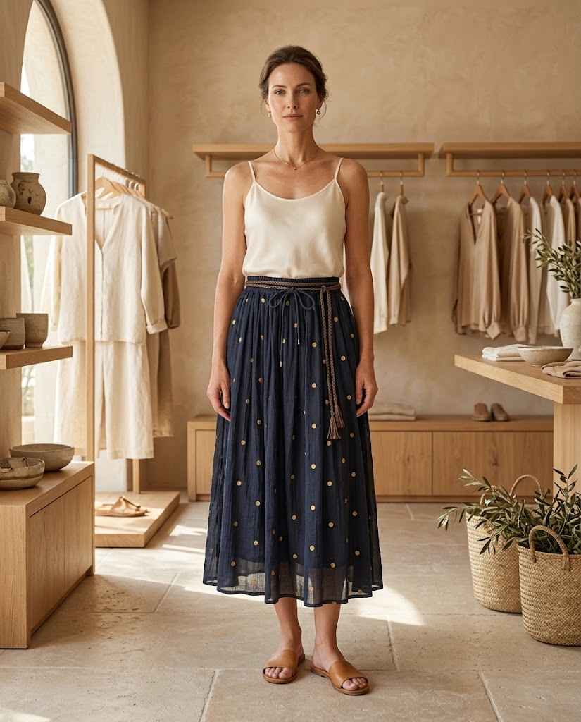 Women?s Cotton-Linen Floral A-Line Midi Skirt ? Elastic Waist
