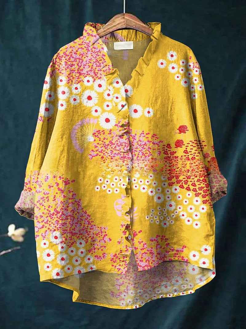 Aurelia | Women’s Mustard Floral Print Ruffle V-Neck Oversized Blouse