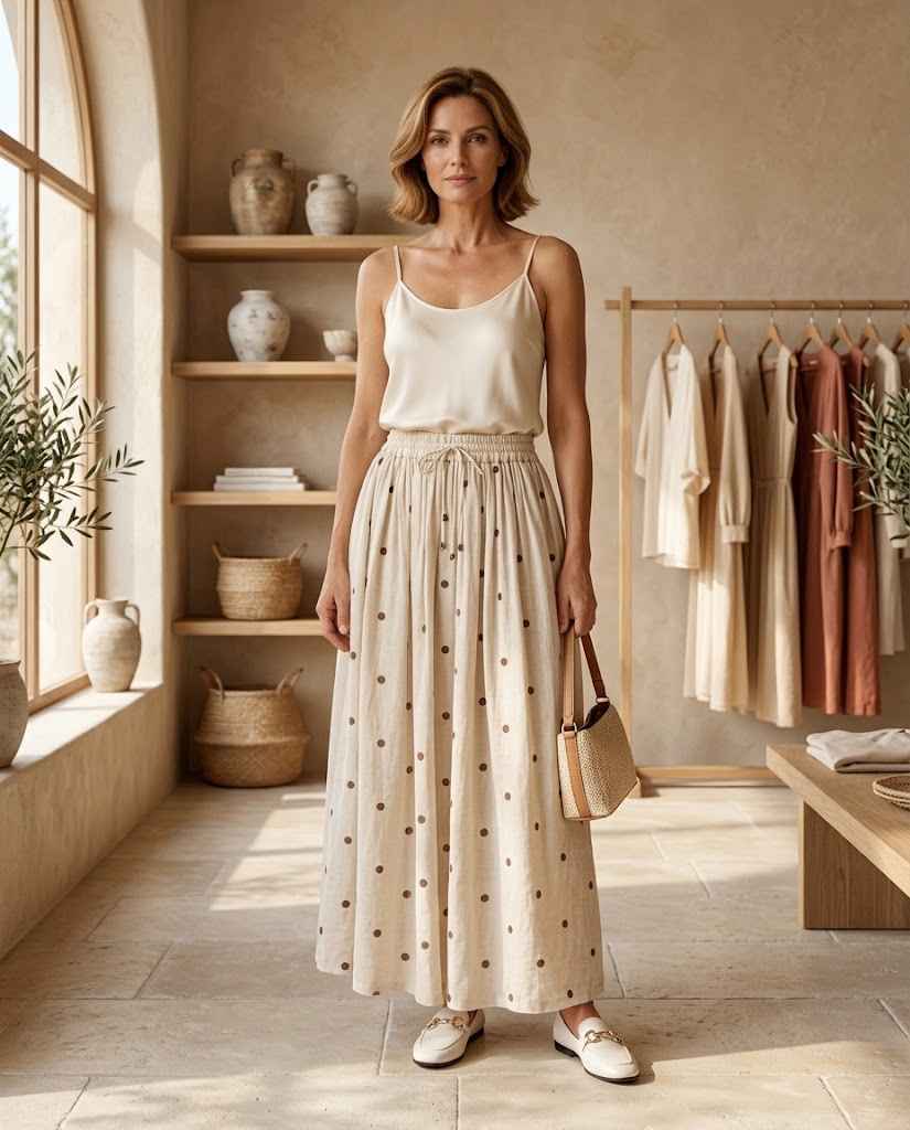 Women?s Cotton-Linen Floral A-Line Midi Skirt ? Elastic Waist