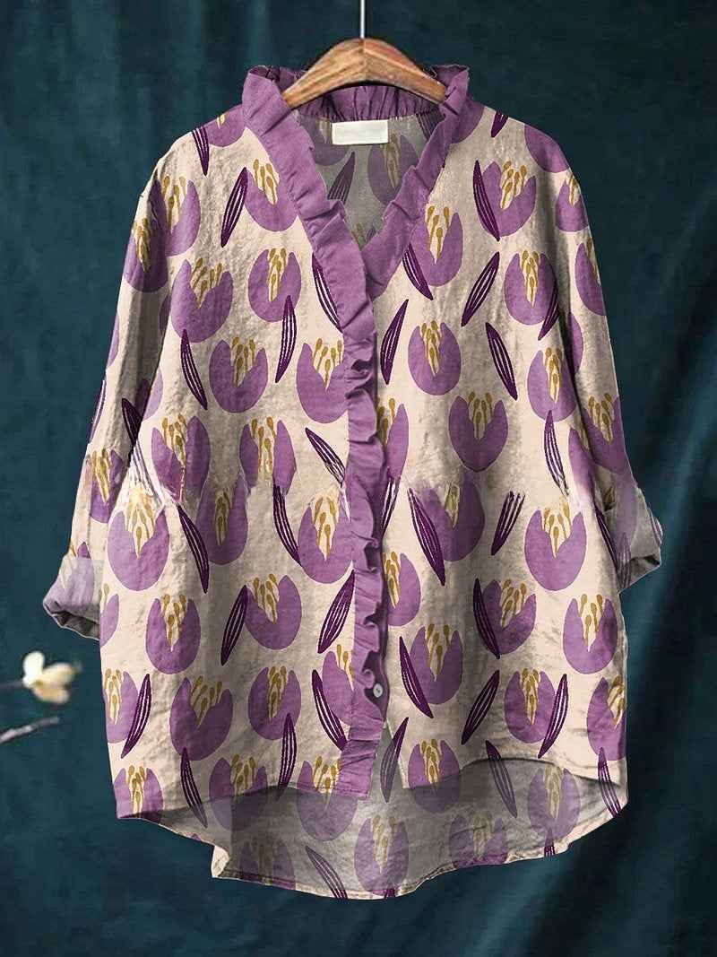 Liliana | Women’s Purple Floral Print Ruffle V-Neck Oversized Blouse