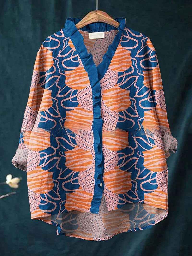 Soraya | Women’s Pink Boho Print Ruffle V-Neck Oversized Longline Blouse