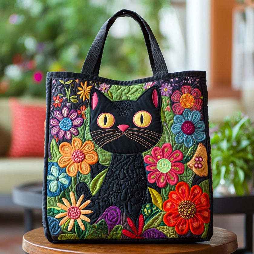 FelineStitch | Quilted Black Cat Floral Tote Bag - Whimsical Cat Lover Handbag