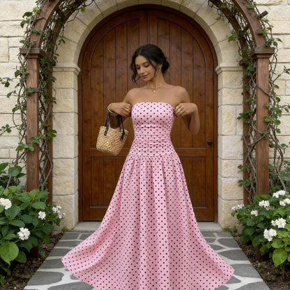 Sorien | Strapless Polka Dot Pattern Midi Dress