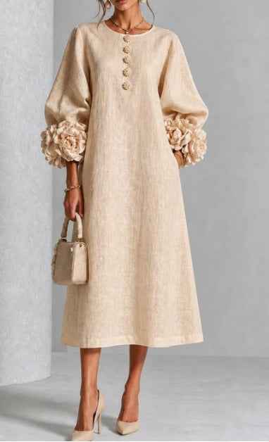Women’s 3D Floral Linen Blend Midi Dress – French Style Lantern Sleeves