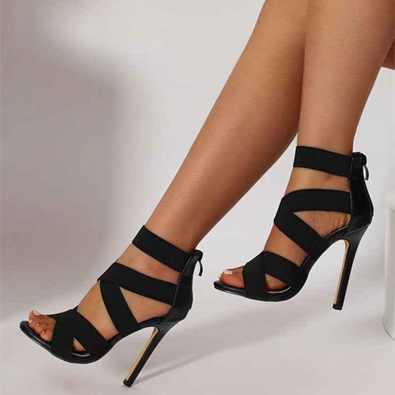 NoirStep | Black Strappy Stiletto Heels - Edgy Caged Night Out Sandals