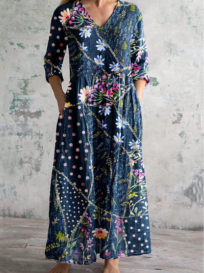 Womens V-Neck Printed Midi Dress