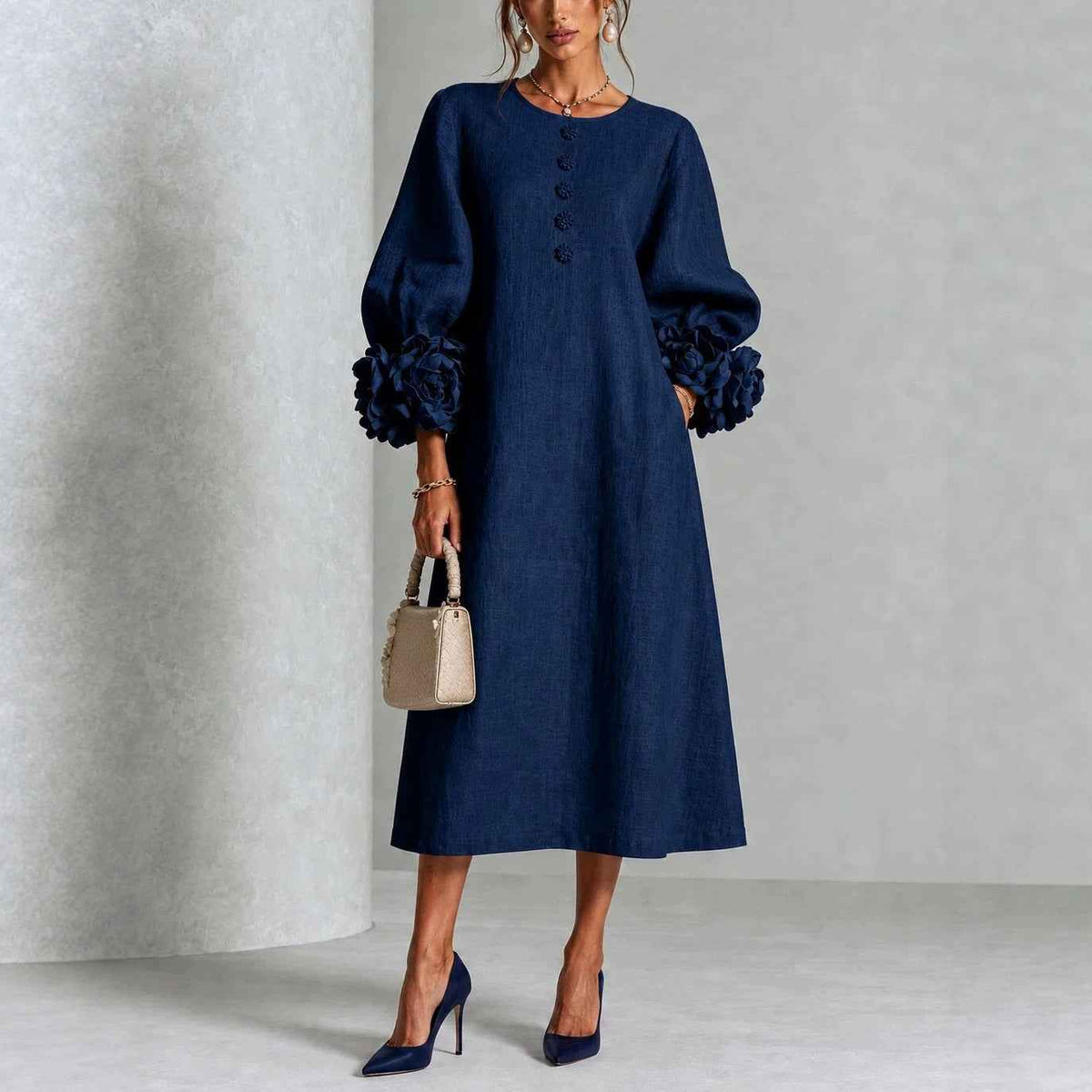 Women’s 3D Floral Linen Blend Midi Dress – French Style Lantern Sleeves