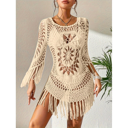 Omene | Crochet Fringe Bell Sleeve Cover Up Mini Dress