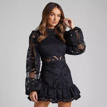 Izmane | Floral Lace High Neck Long Sleeve Mini Dress