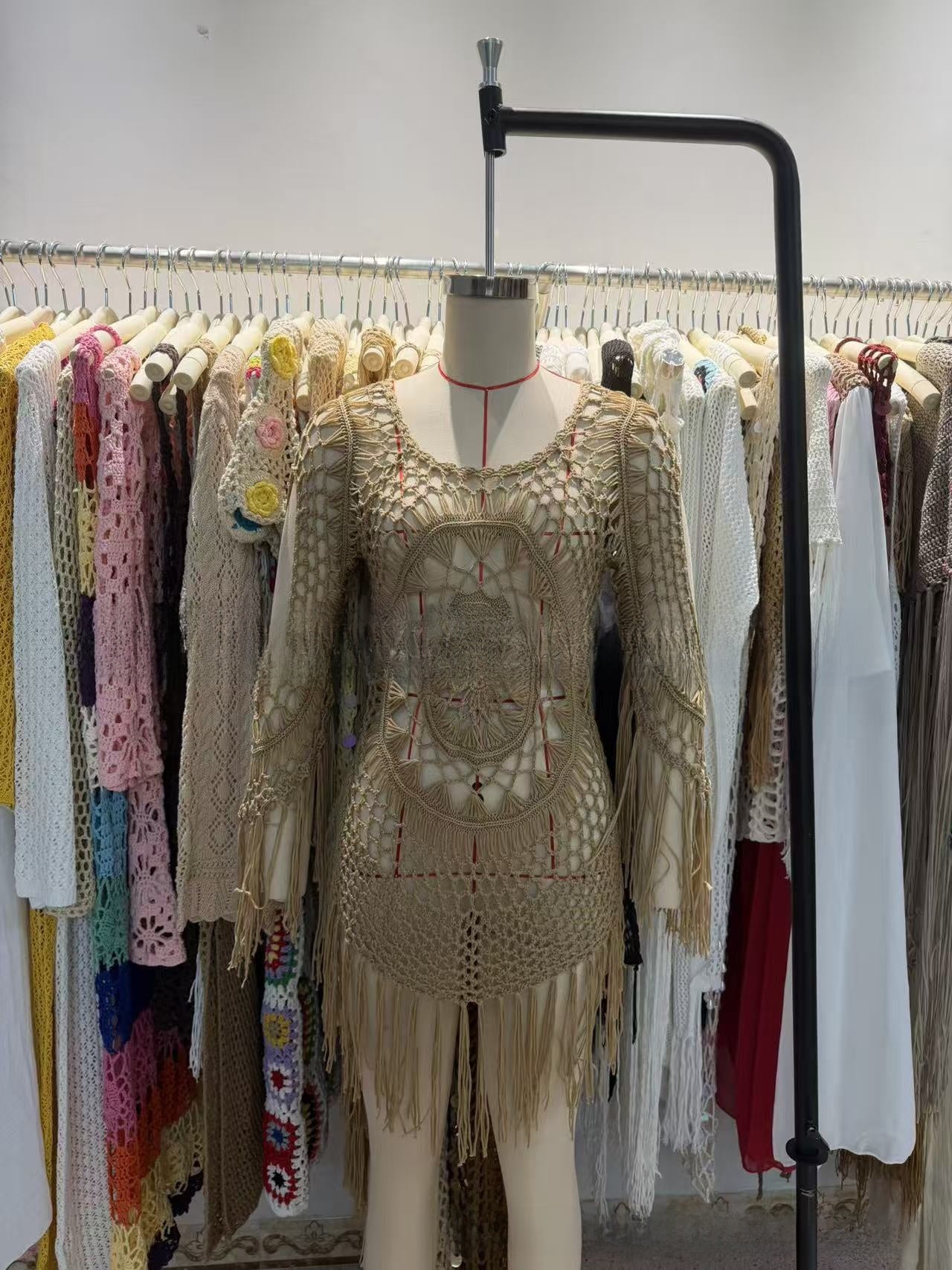 Omene | Crochet Fringe Bell Sleeve Cover Up Mini Dress