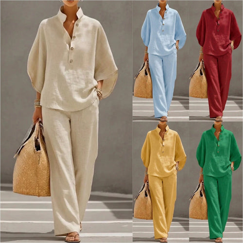 Maribel | Linen Set With Batwing Sleeves And Wide Pants