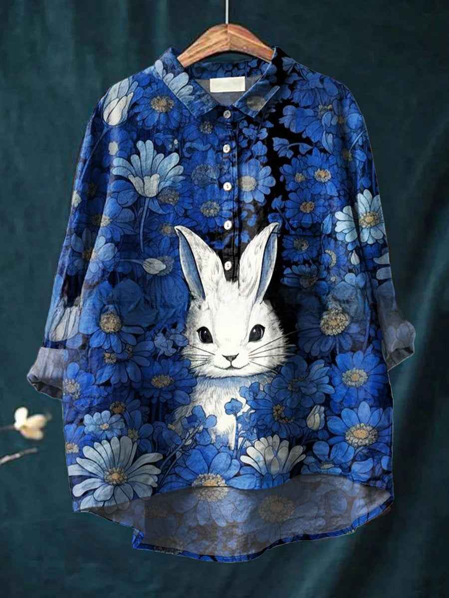 Brielle | Women’s Blue Floral Bunny Print Oversized Longline Blouse