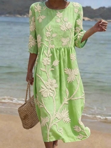 Women Casual Long Sleeve Round Neck Side Pocket Midi Dress