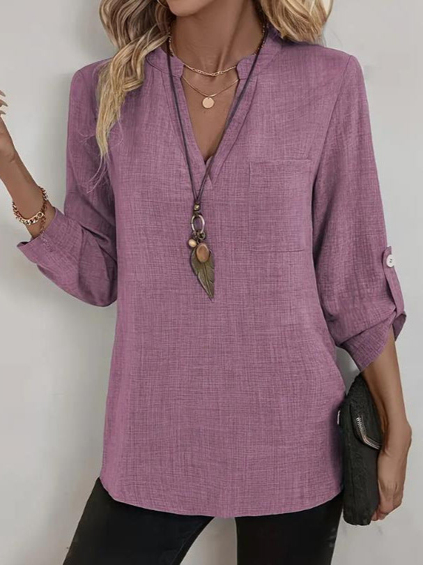 Womens Casual Loose V Neck Solid Color Shirt