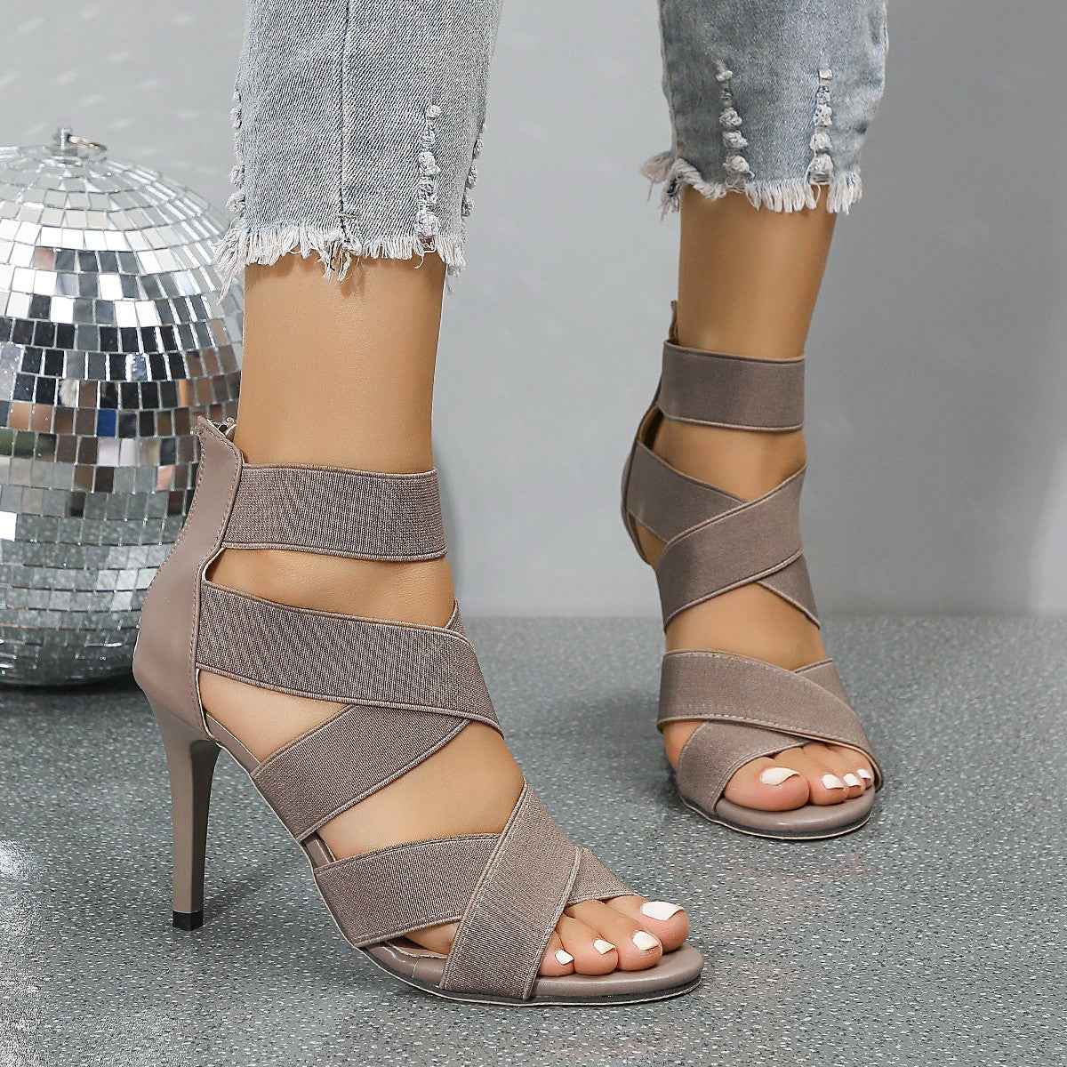 NoirStep | Black Strappy Stiletto Heels - Edgy Caged Night Out Sandals