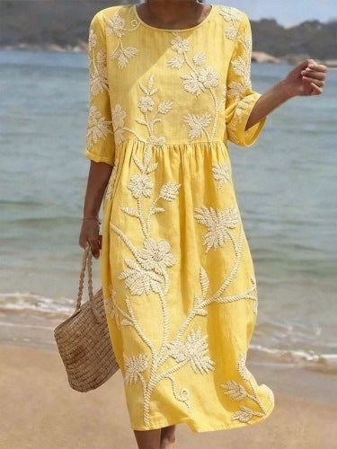 Women Casual Long Sleeve Round Neck Side Pocket Midi Dress