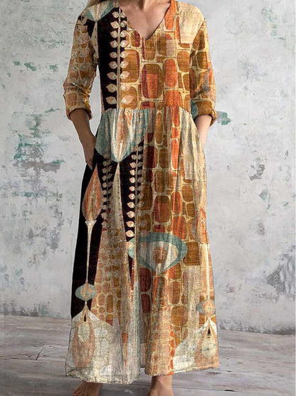 Womens V-Neck Printed Midi Dress