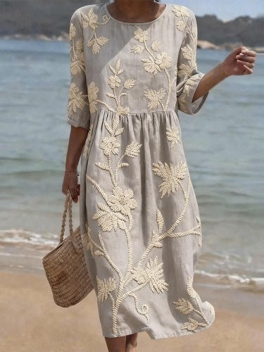 Women Casual Long Sleeve Round Neck Side Pocket Midi Dress