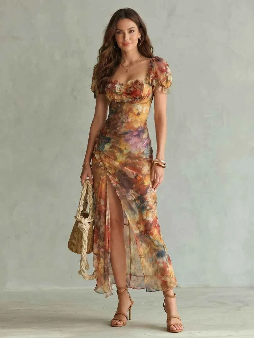 Ciel | Ruffled Sleeve Ruched Slit Midi Dress