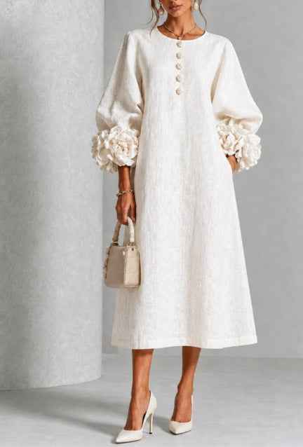 Women’s 3D Floral Linen Blend Midi Dress – French Style Lantern Sleeves