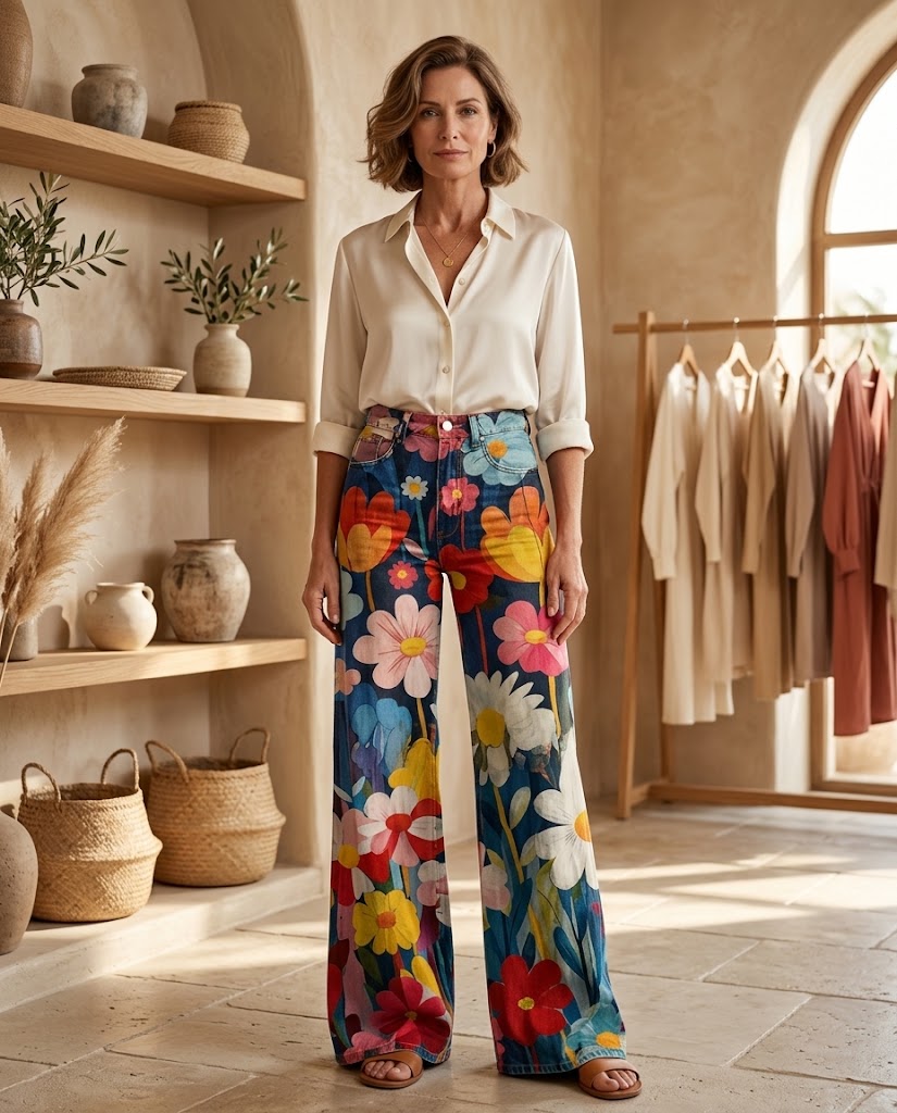 RetroBloom | Bold Floral Print Wide Leg Jeans - 70s Boho Festival Denim Threadded