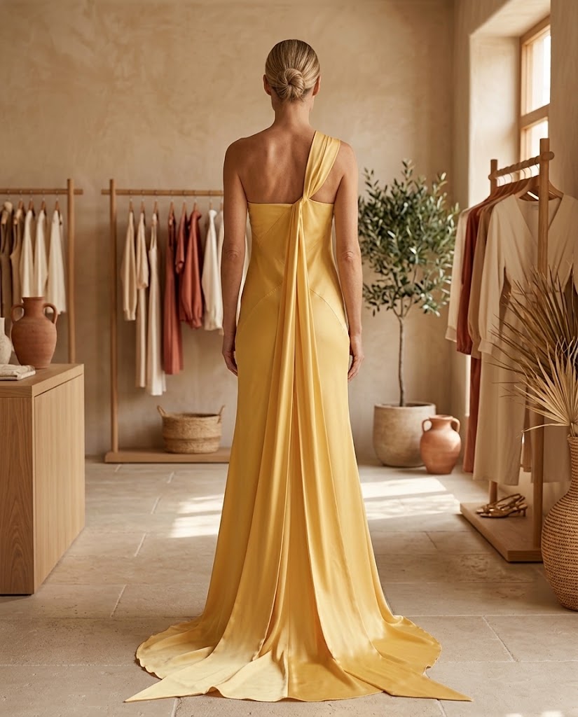 SoleilSilk | Yellow Satin One Shoulder Maxi Dress - Elegant Wedding Guest Gown Threadded