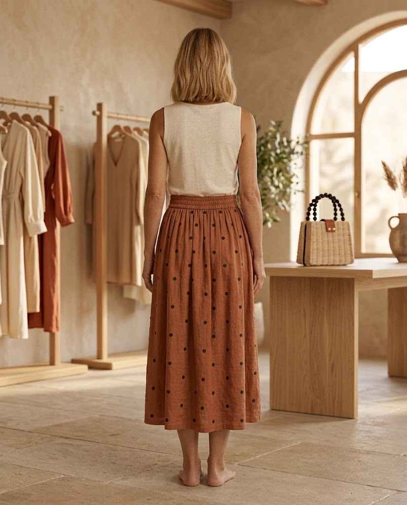 Women?s Cotton-Linen Floral A-Line Midi Skirt ? Elastic Waist