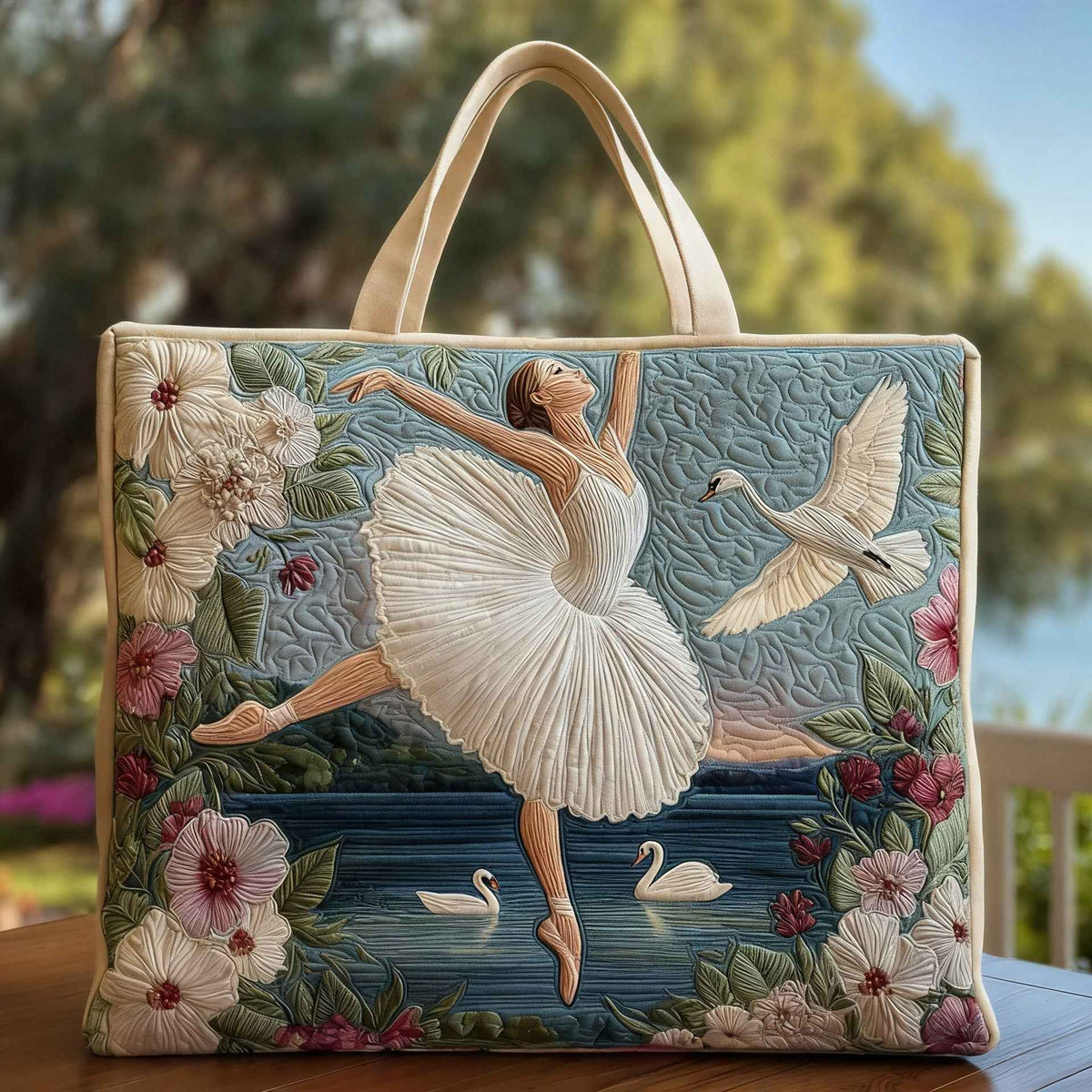 PrimaStitch | Embroidered Ballerina Swan Quilted Tote Bag - Balletcore Floral Handbag