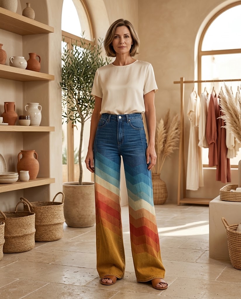 RetroRise | 70s Chevron Gradient Wide Leg Jeans - Sunset Boho Festival Denim Threadded