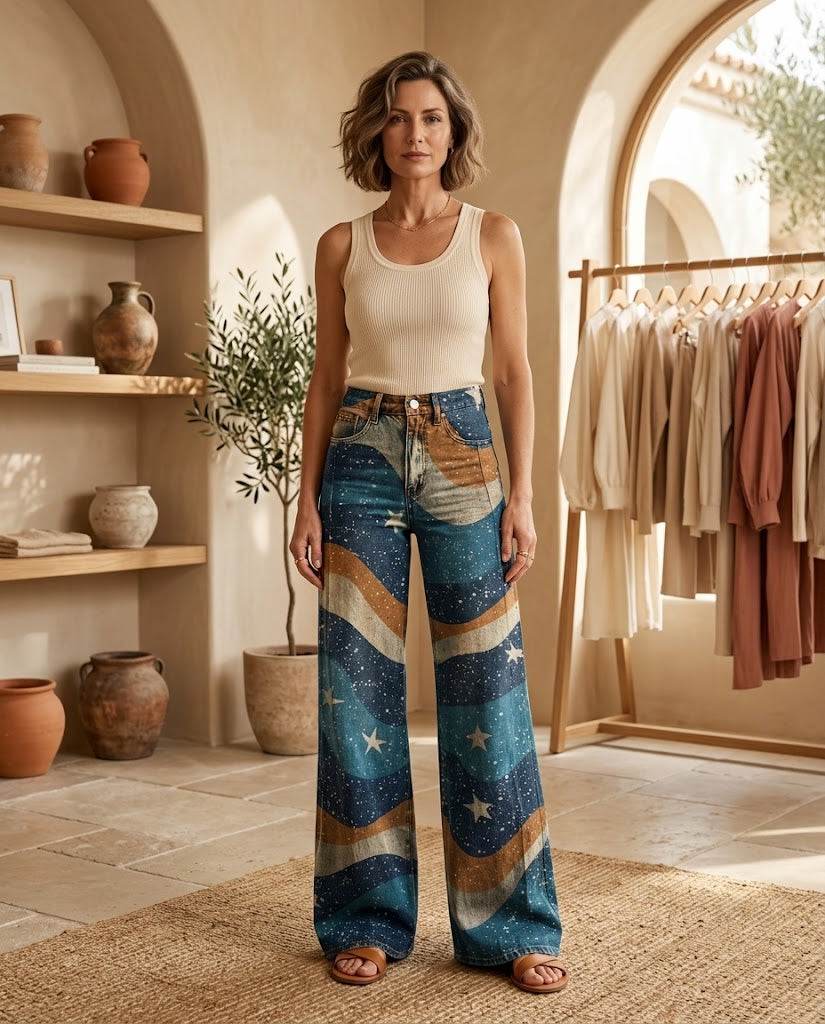 CosmicWave | 70s Retro Celestial Wave Wide Leg Jeans - Star Print Boho Denim Threadded