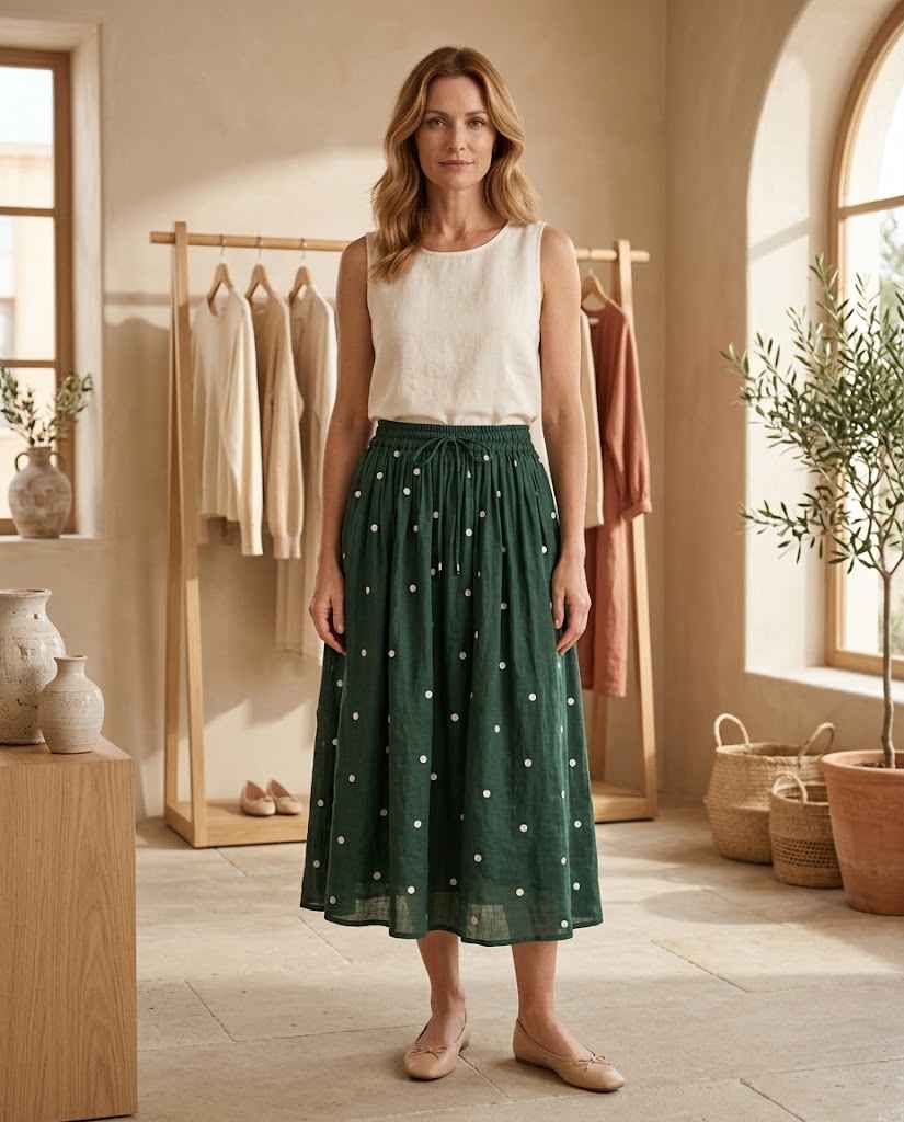 Women?s Cotton-Linen Floral A-Line Midi Skirt ? Elastic Waist