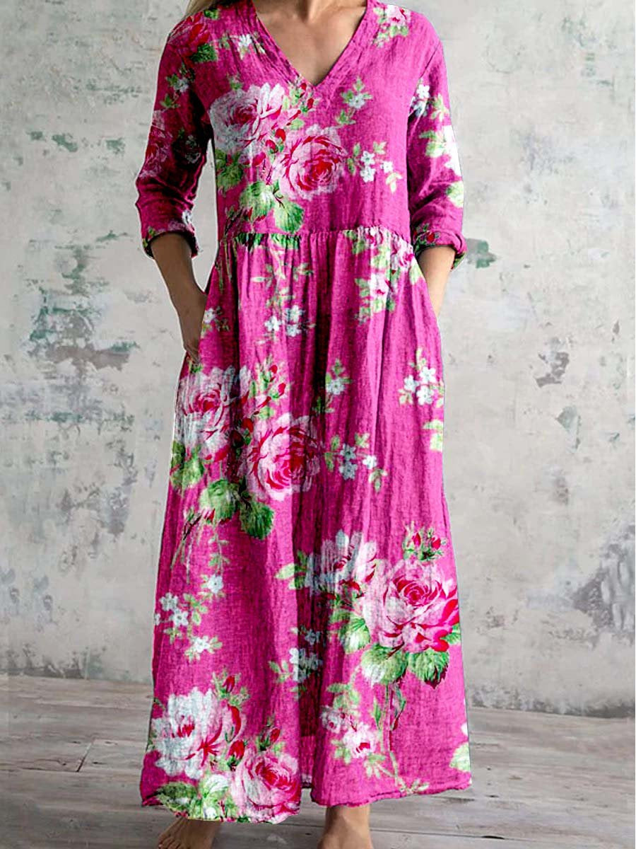 Womens V-Neck Printed Midi Dress