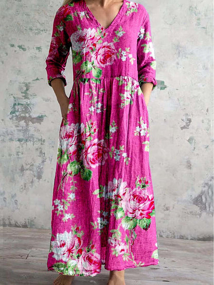 Womens V-Neck Printed Midi Dress